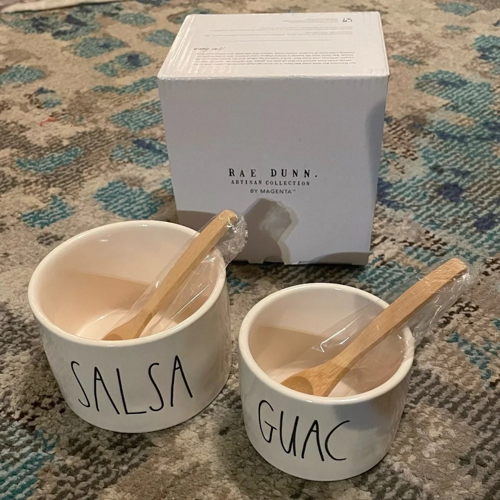 Rae Dunn Salsa and Guac Ceramic Serving Bowl Set with 2 Bamboo Spoons